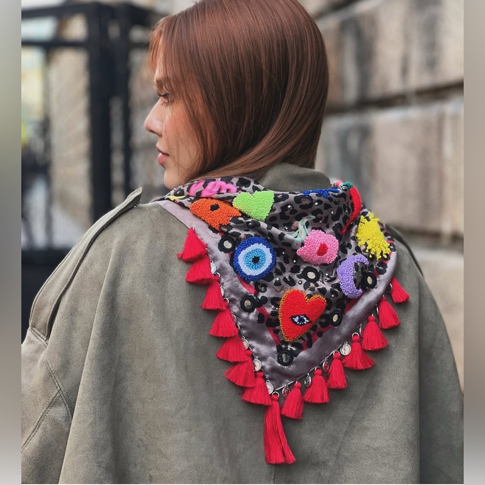 Embroidered Boho Western bandana -Colombian scarf lavender evil eyes blue - Picture 6 of 6